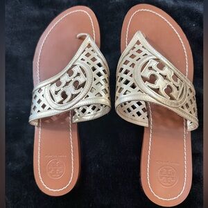 Tory Burch Miller Sandals Gold Metallic Logo Cutout Leather Designer Size 9
